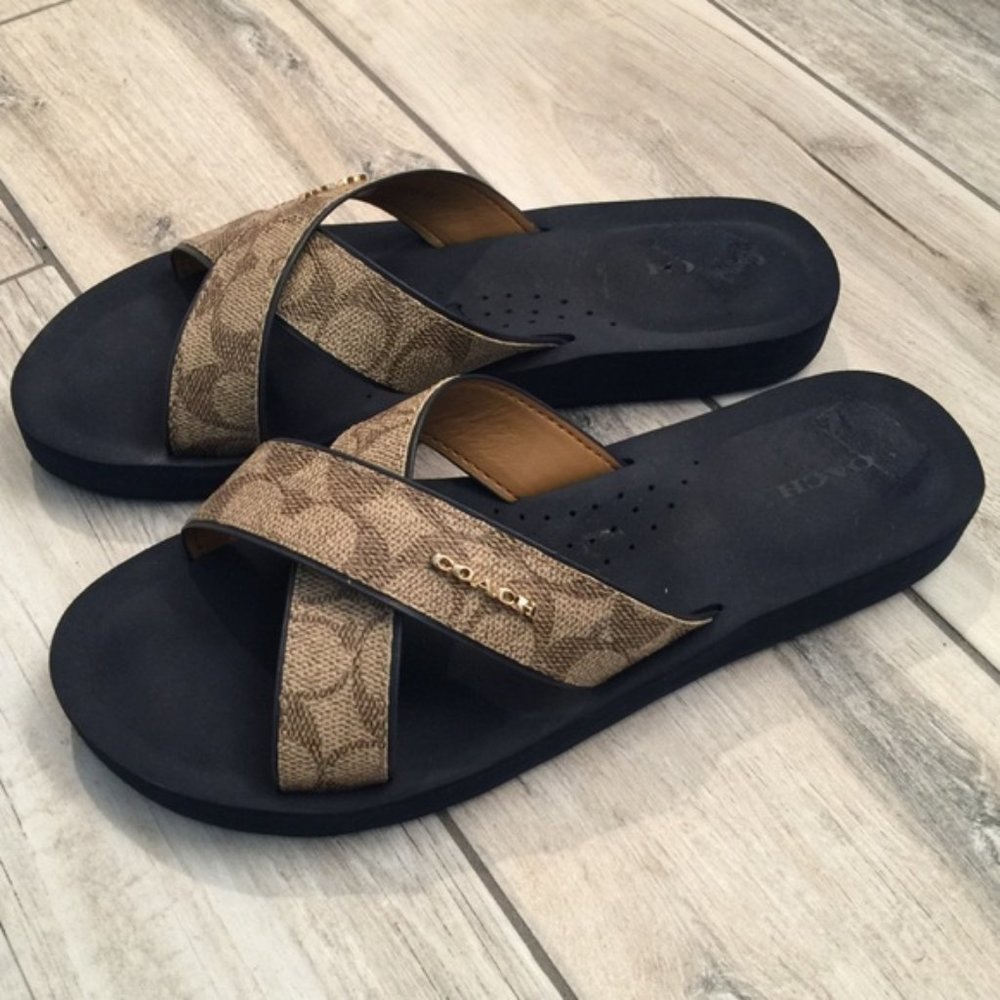 Size 10 - COACH Janine Criss Cross Slide Sandal Khaki Chalk